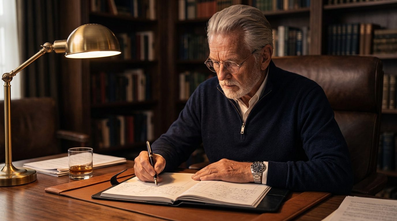 Henri Meurnicé writing in his ledger at his desk